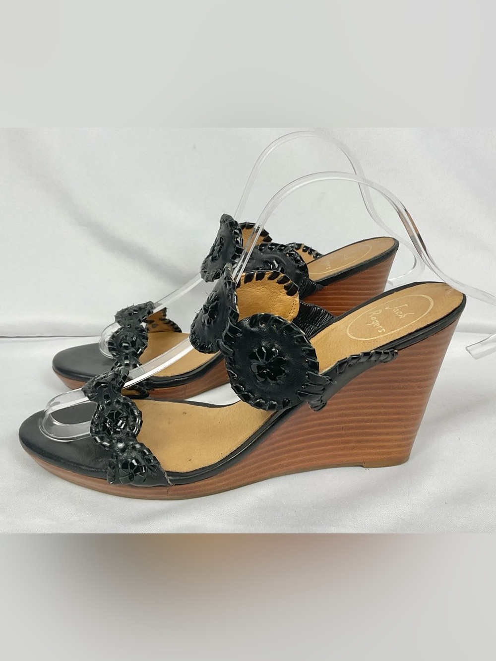 Jack Rogers Sandals Lauren Mid Wedge Black Leather Floral Size 8.5